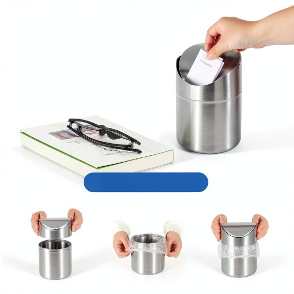 Mini Trash Can LOVEINUSA Brushed Stainless Steel 1.5L Bin with Lid-4